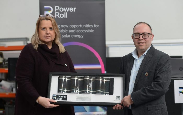 Cllr Amanda Hopgood, Leader of Durham County Council and CEO of Power Roll Neil Spann open solar film manufacturing facility at Jade Business Park