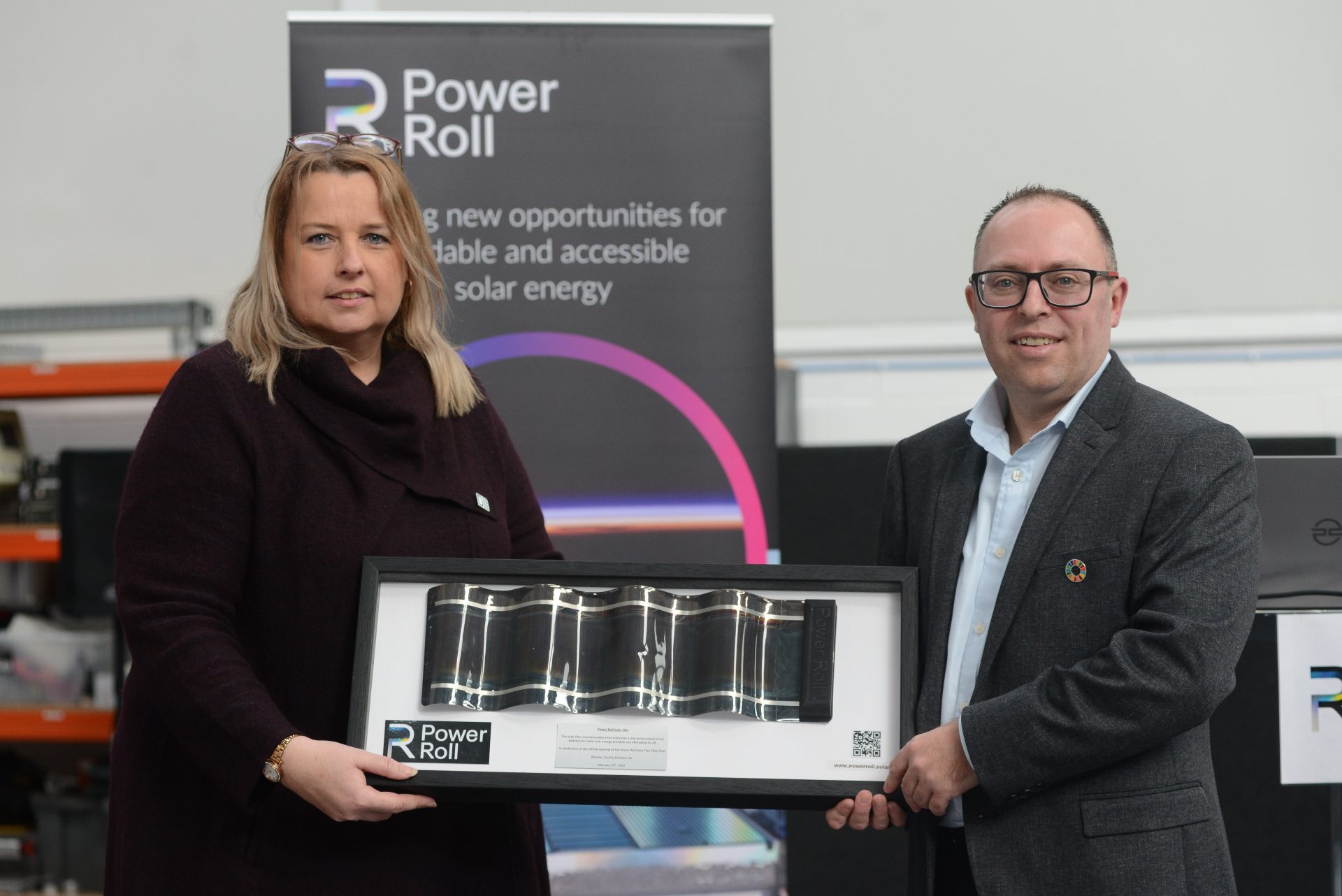 Cllr Amanda Hopgood, Leader of Durham County Council and CEO of Power Roll Neil Spann open solar film manufacturing facility at Jade Business Park